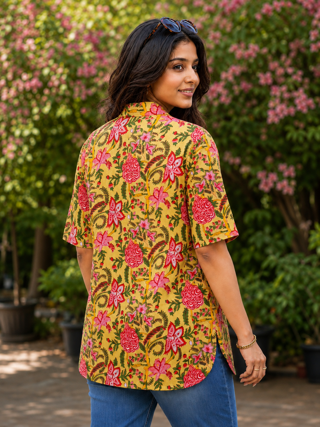Pspeaches Women Cotton 3/4Th Sleeves Collared Neck Floral Print 1 Piece Shirt - Yellow