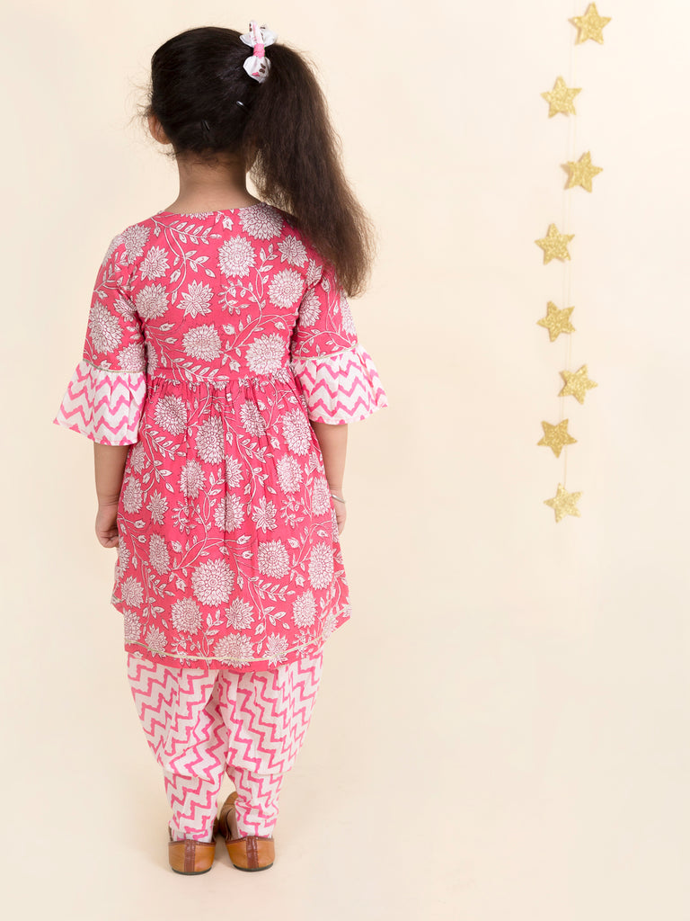 Pspeaches Girls Pink Floral Striped Pure Cotton Kurti With Patiala (KS-PINK ANGRAKHA)