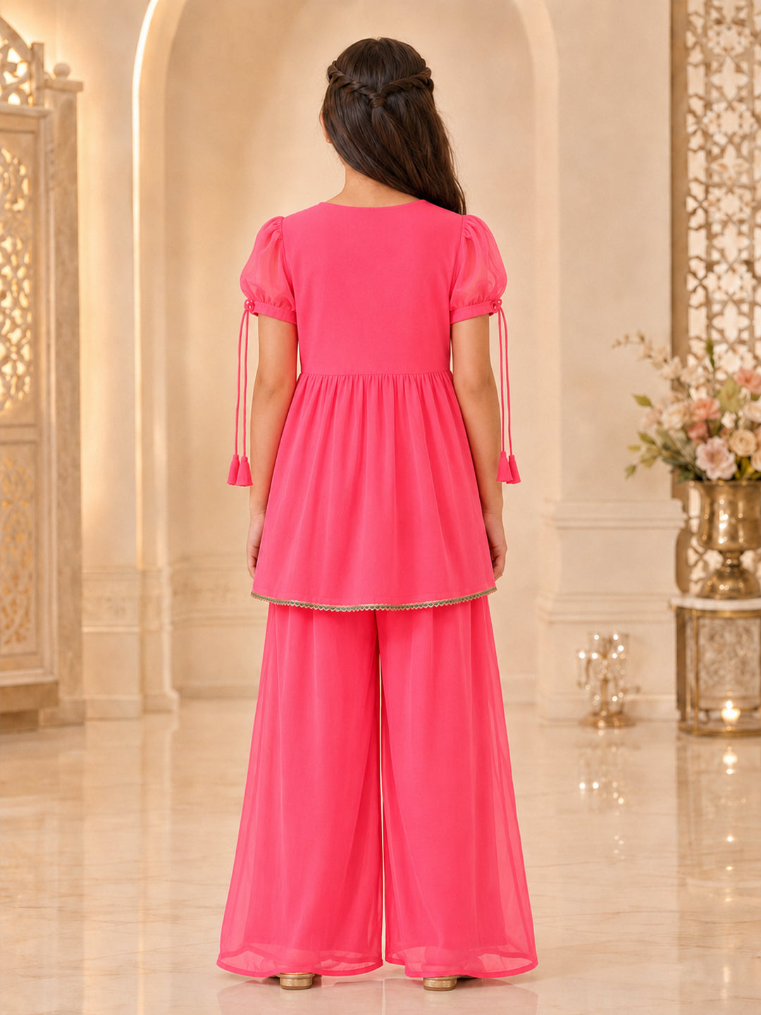 Pspeaches Girls Georgette Half Sleeves V-Neck Embroidered Peach Kurti & Palazzo 2 Piece Set