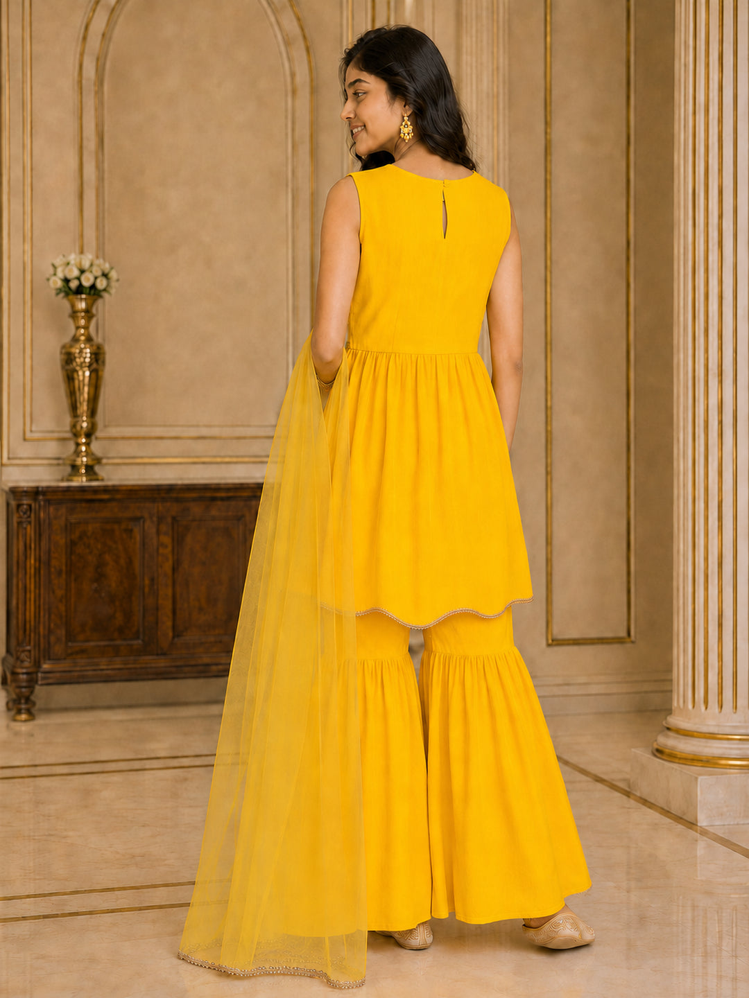 Pspeaches Girls Georgette Sleeveless Round Neck Embroidered Yellow Kurti & Sharara With Dupatta 3 Piece Set