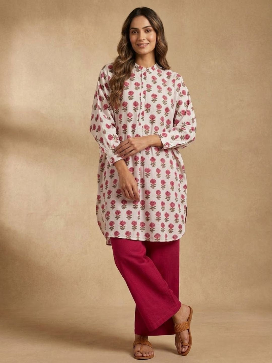 Pspeaches Women Cotton Full Sleeves Mandarin Collar Floral Print Kurta With Pant 2 Piece Set - White & Maroon