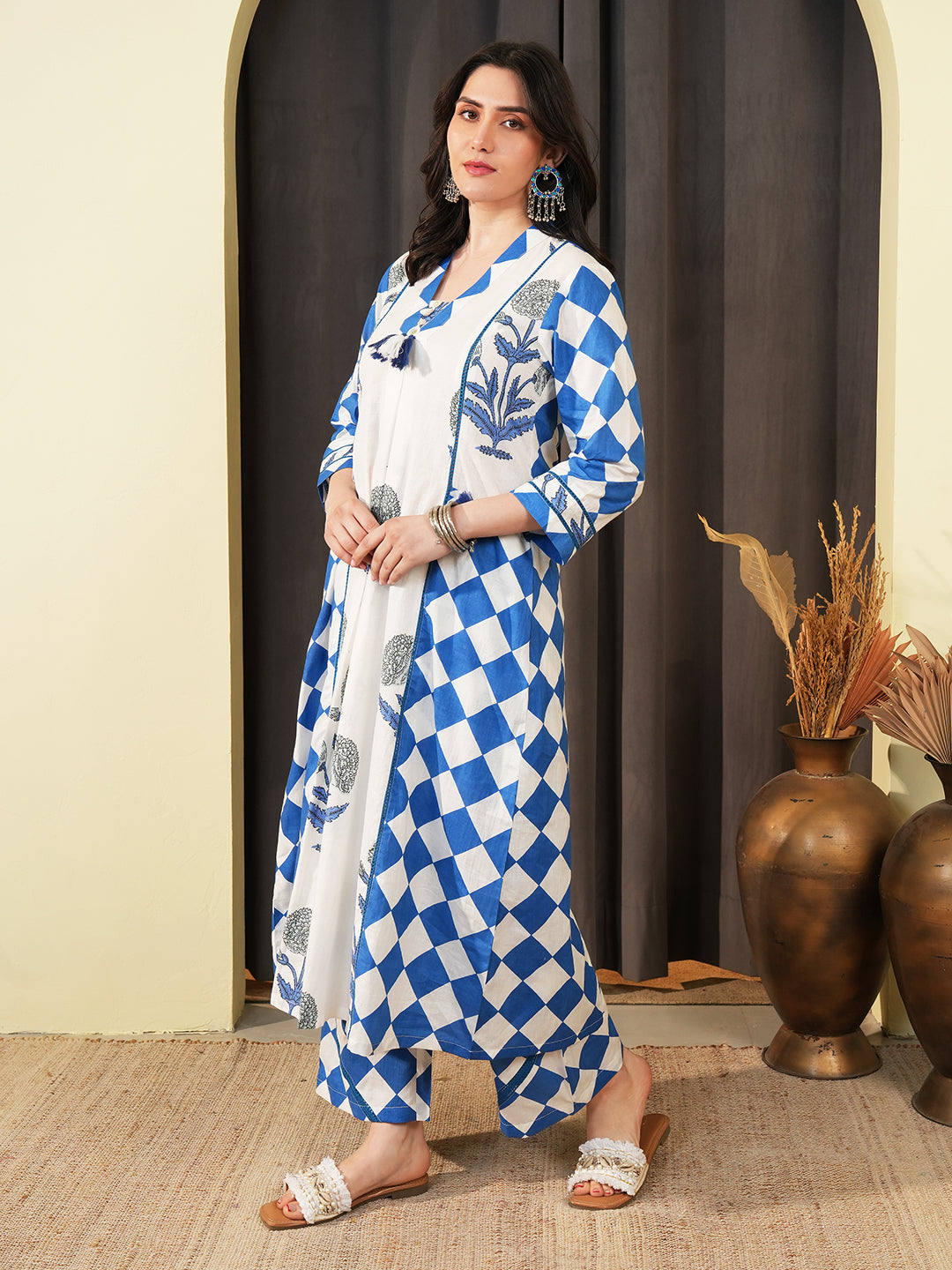 Blue Check Lace Insert Kurta Set