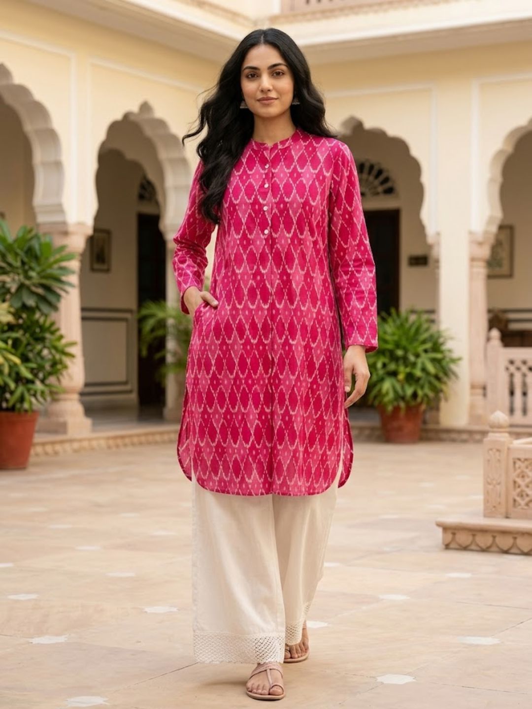 Pspeaches Women Cotton Full Sleeves Mandarin Collar Ikkat Print Kurta With Pant 2 Piece Set - Magenta &amp; White