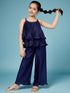 Girls Self Design Sleeveless Top with Palazzos (s-navypleat)