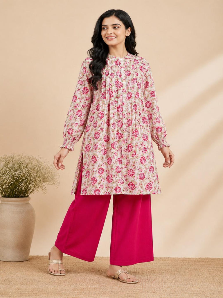 Pspeaches Women Cotton Full Sleeves Mandarin Collar Floral Print Kurta With Pant 2 Piece Set - White & Magenta