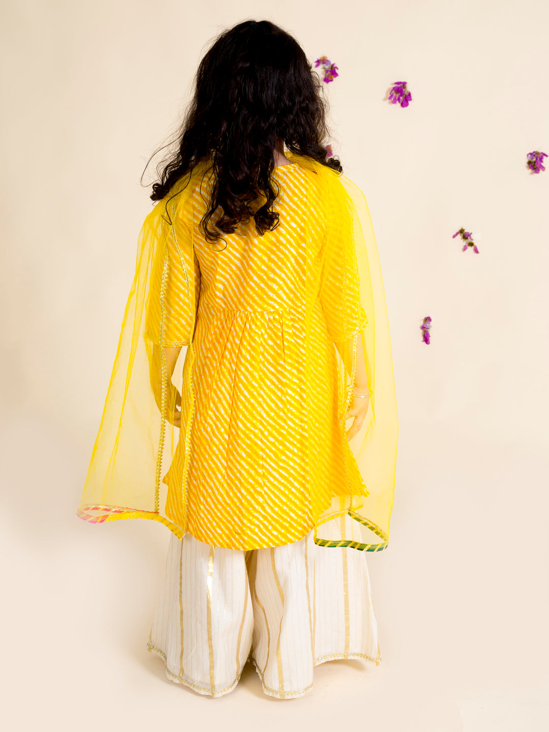 Pspeaches Girls Yellow Leheriya Pure Cotton Kurta With Palazzos With Dupatta (KS-YELLOW LEHERIYA)