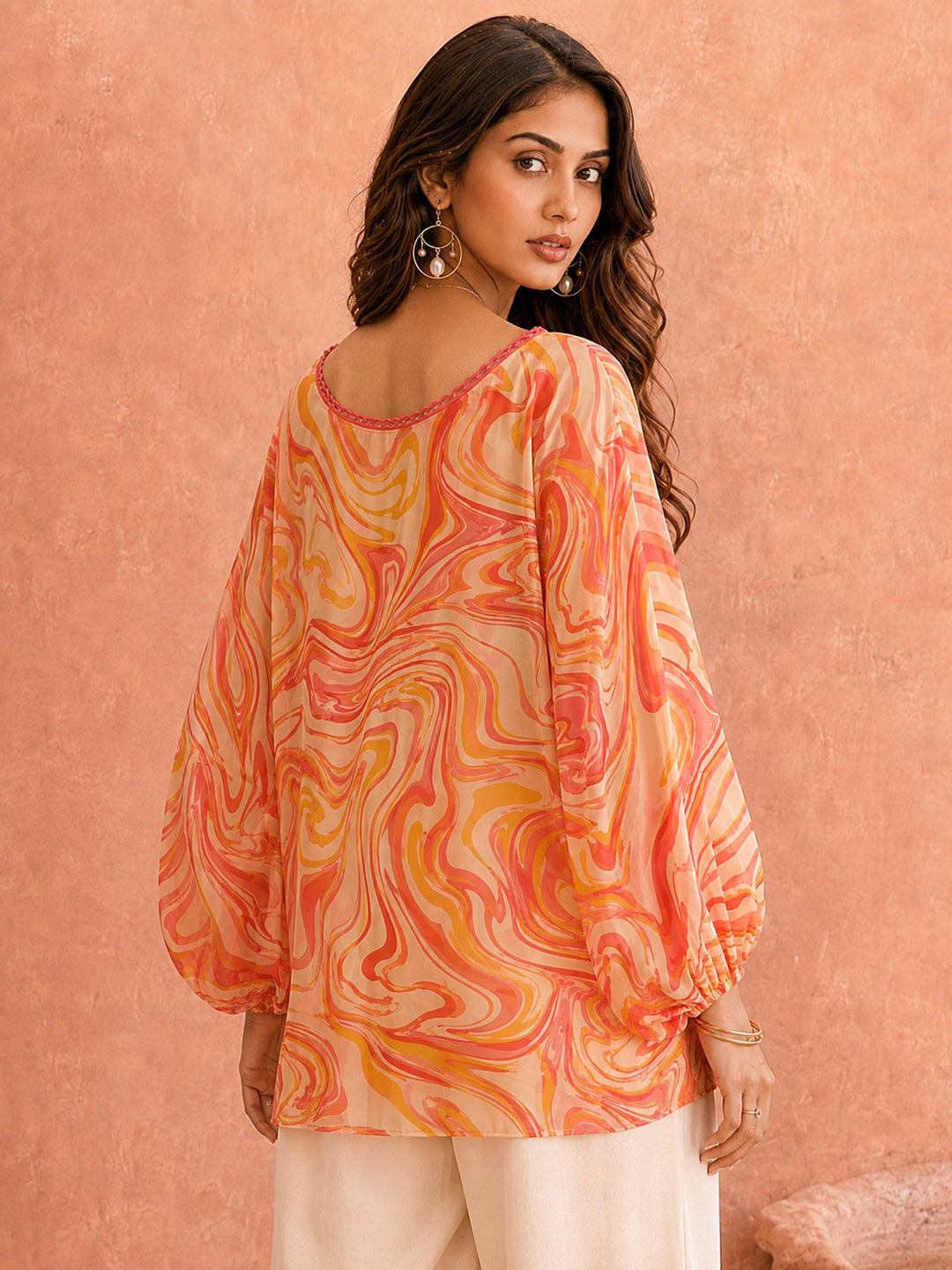 Pspeaches Women Georgette Full Sleeves V-Neck Abstract Print Top With Camisole - Orange
