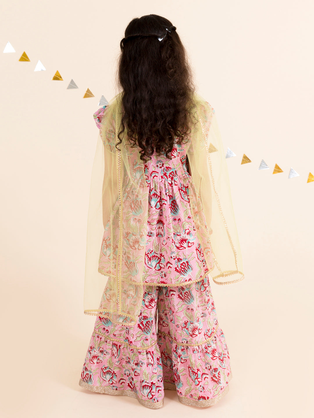 Girls Floral Printed Gotta Patti Pure Cotton Kurti with Palazzos With Dupatta (Sha-Jaalpink)