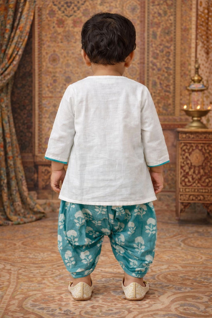 Pspeaches Baby Boys White & Turquoise Embroidered Cotton Angrakha Kurta With Dhoti Pant ( Sku-Inb-Dhotiwhite )