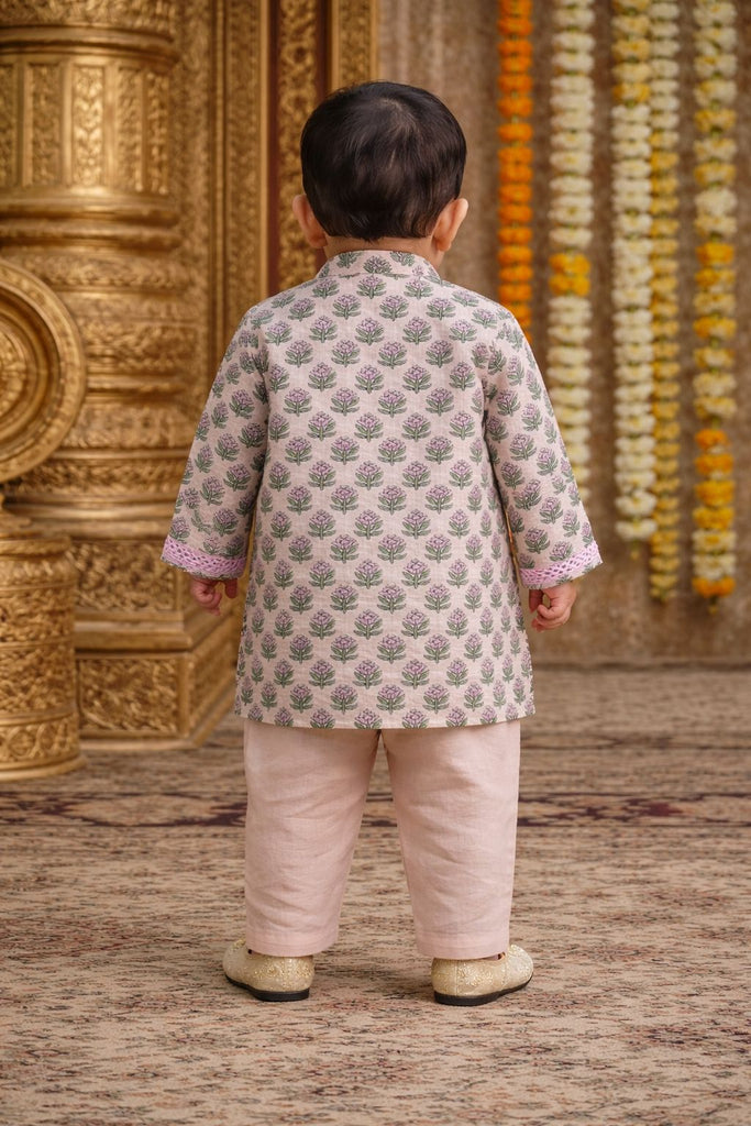 Pspeaches Baby Boys Beige Booti Print Cotton Straight Fit Kurta With Pyjama Set ( Sku-Inb-Pinkbooti )