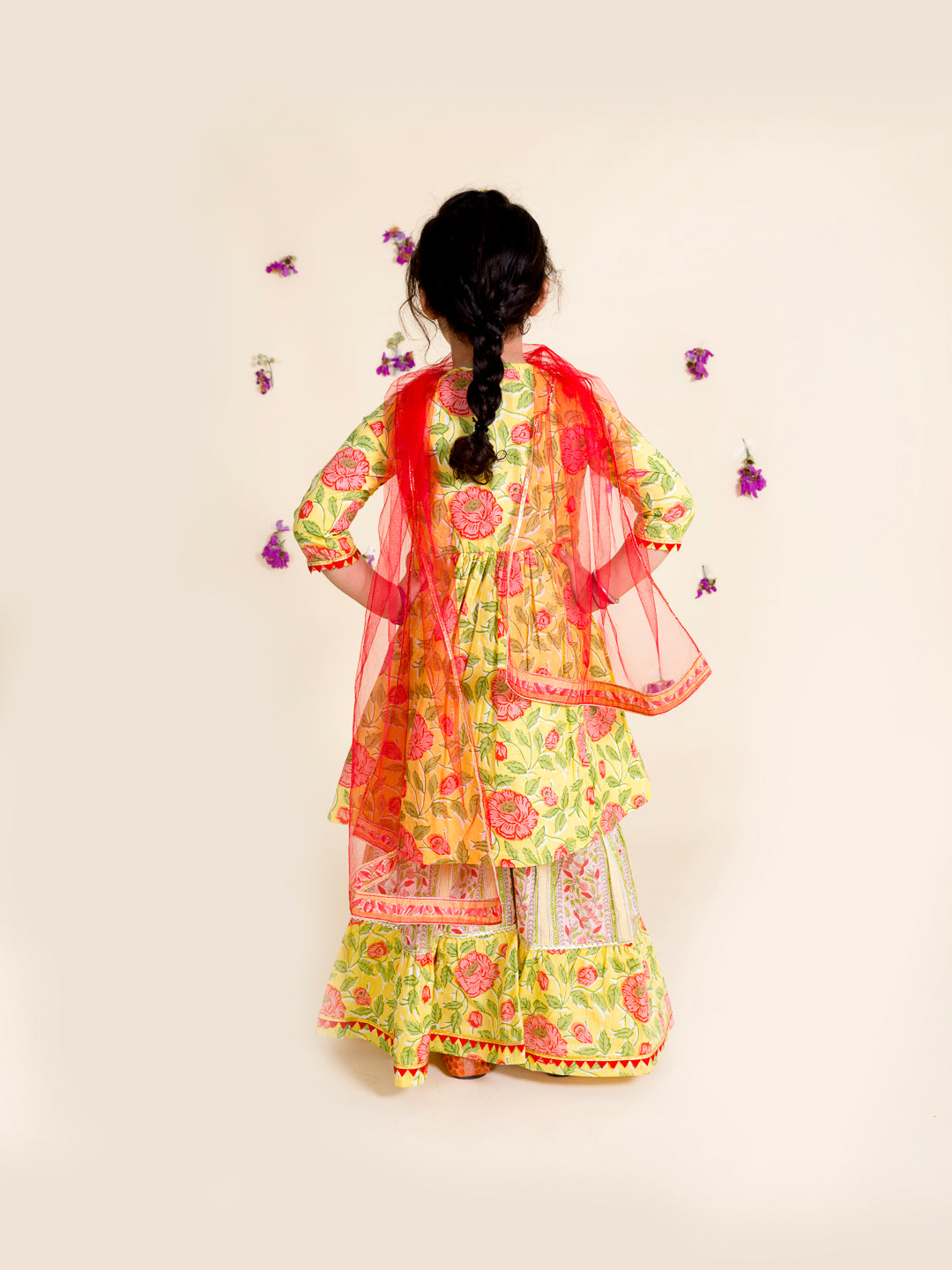 Pspeaches Girls Yellow Floral Printed Pleated Pure Cotton Kurta With Sharara With Dupatta (SHA-YELLOW RED FLORAL)