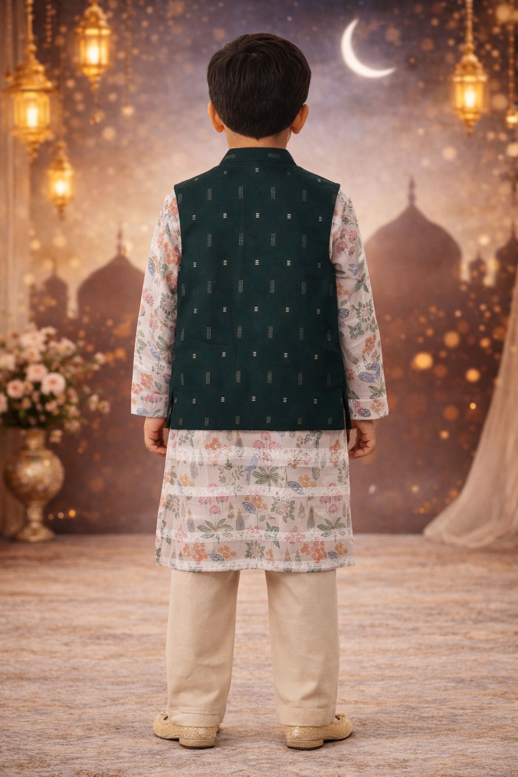 Pspeaches Boys Green & Beige Ethnic Printed Bamboo silk Straight Fit Kurta With Pyjama & Jacket ( Sku-Kp-Beigebamboo )