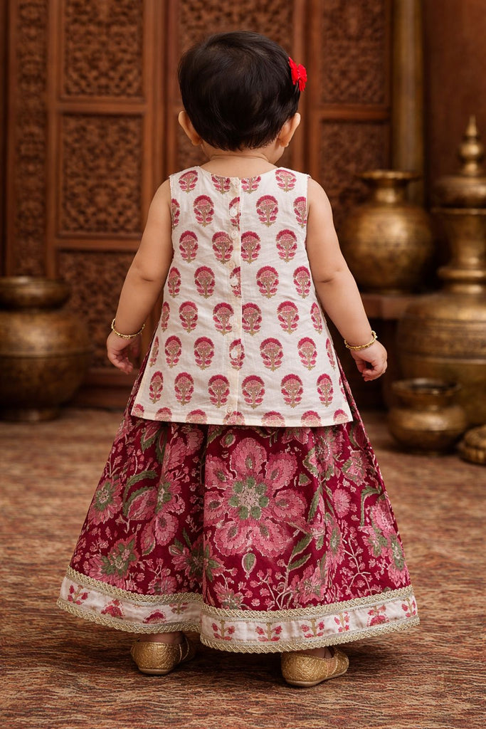 Pspeaches Baby Girls Maroon & White Ethnic Booti Print Cotton Circular Lehenga With Choli Set ( Sku-Ing-Lred )