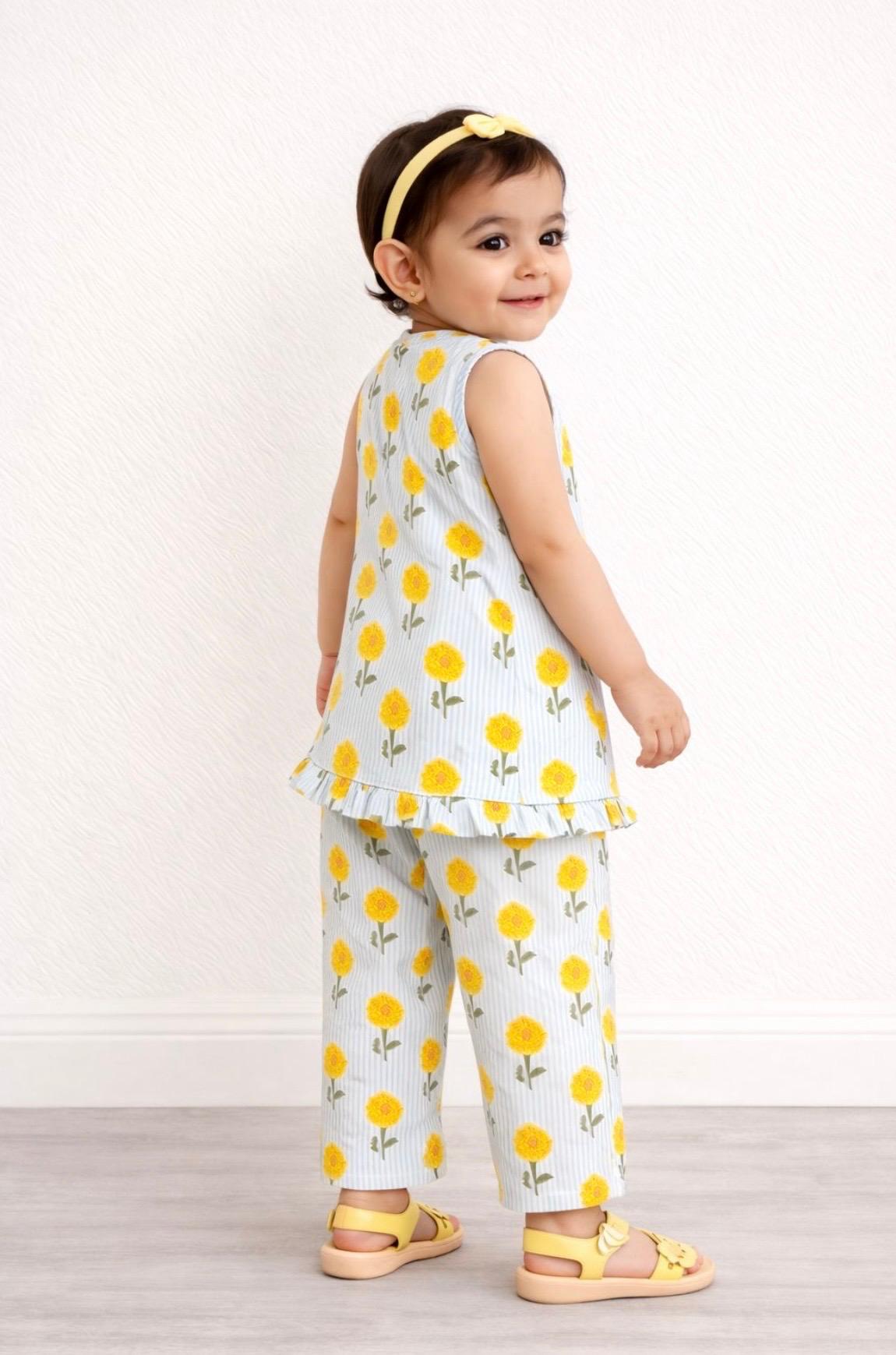 Pspeaches Baby Girls Blue & White Ethnic Floral Print Cotton Straight Fit Kurta With Pant Set ( Sku-Ing-Bluestripes )