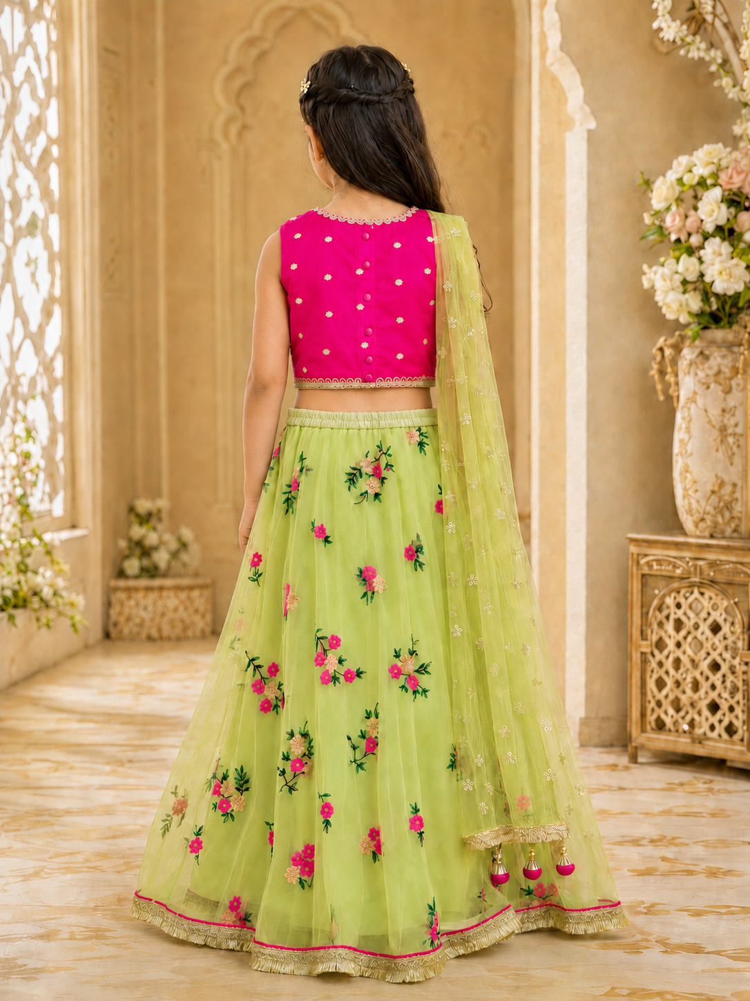 Girls Embroidered Fitted Lehenga Choli With Dupatta (L-GRNMGTAFFETA)