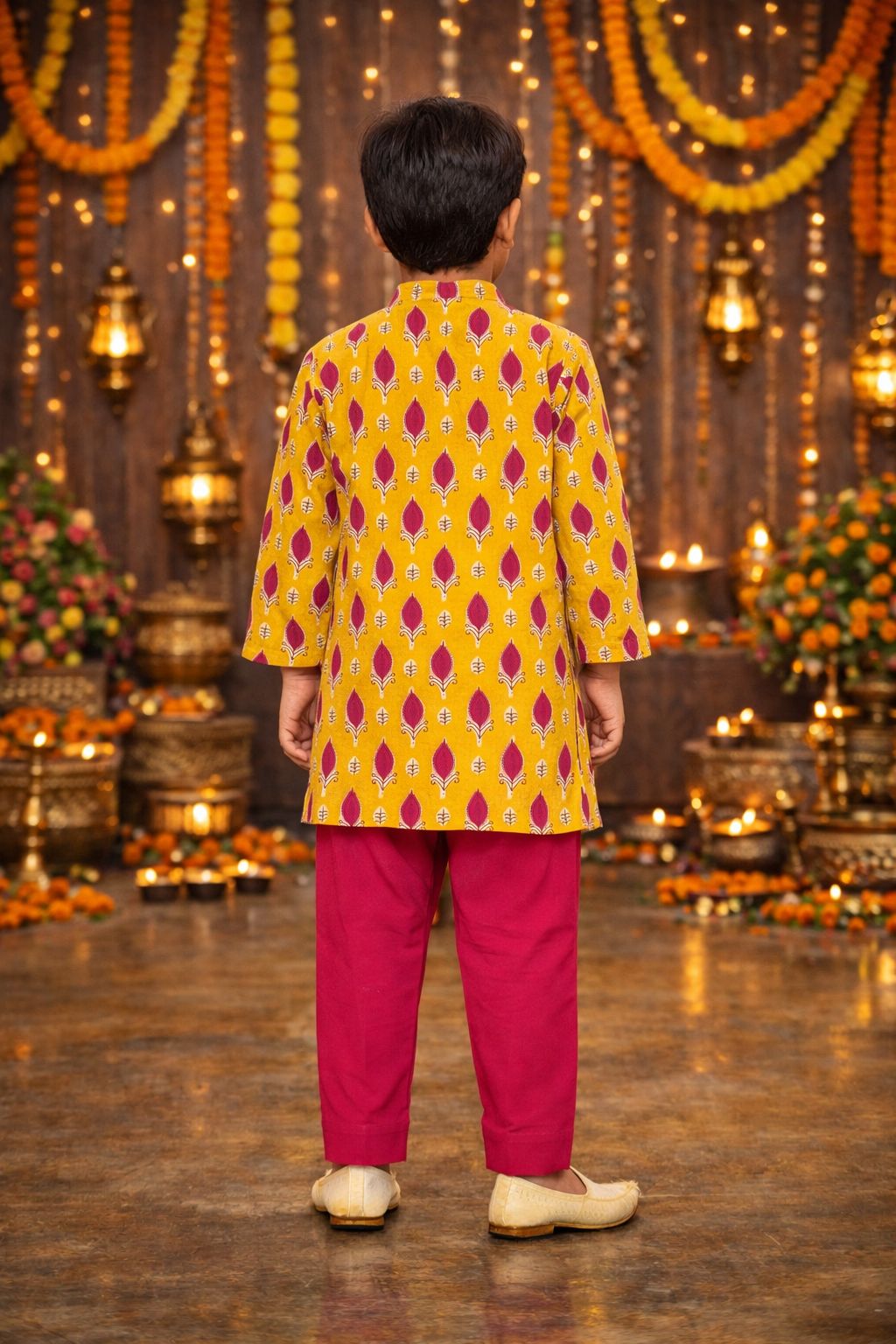 Pspeaches Boys Yellow Ethnic Gota Work Cotton A-Line Kurta With Pyjama Set ( Sku-Kp-Yellowbooti )
