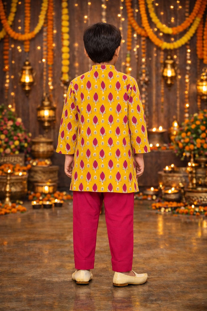 Pspeaches Boys Yellow Ethnic Gota Work Cotton A-Line Kurta With Pyjama Set ( Sku-Kp-Yellowbooti )