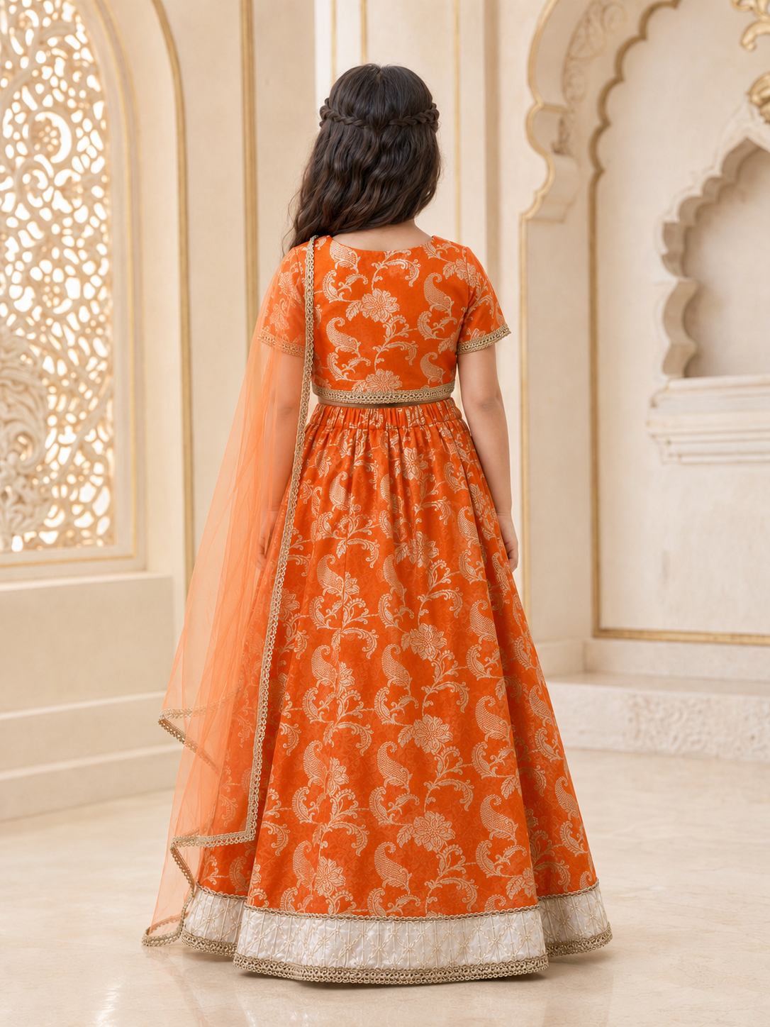 Girls Brocade Printed Fitted Lehenga Choli With Dupatta (L-FLORALORANGEBROCADE)