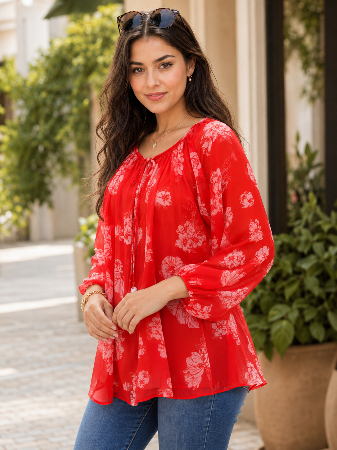 Pspeaches Women Georgette Full Sleeves Round Neck Floral Print Top With Camisole - Red