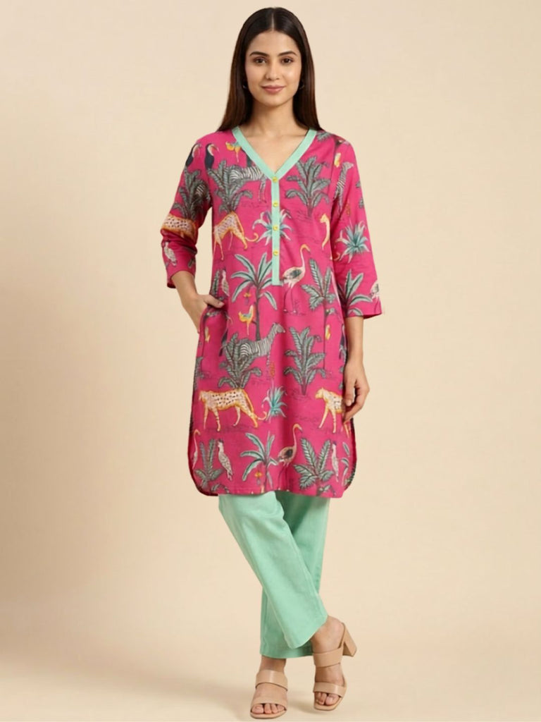 Pspeaches Women Cotton 3/4th Sleeves V Neck Animal Print Kurta With Pant 2 Piece Set - Pink & Green