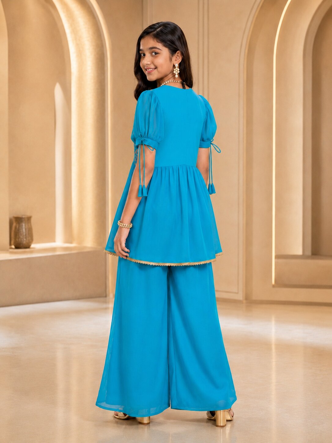 Pspeaches Girls Georgette Half Sleeves V-Neck Embroidered Turq Kurti & Palazzo 2 Piece Set