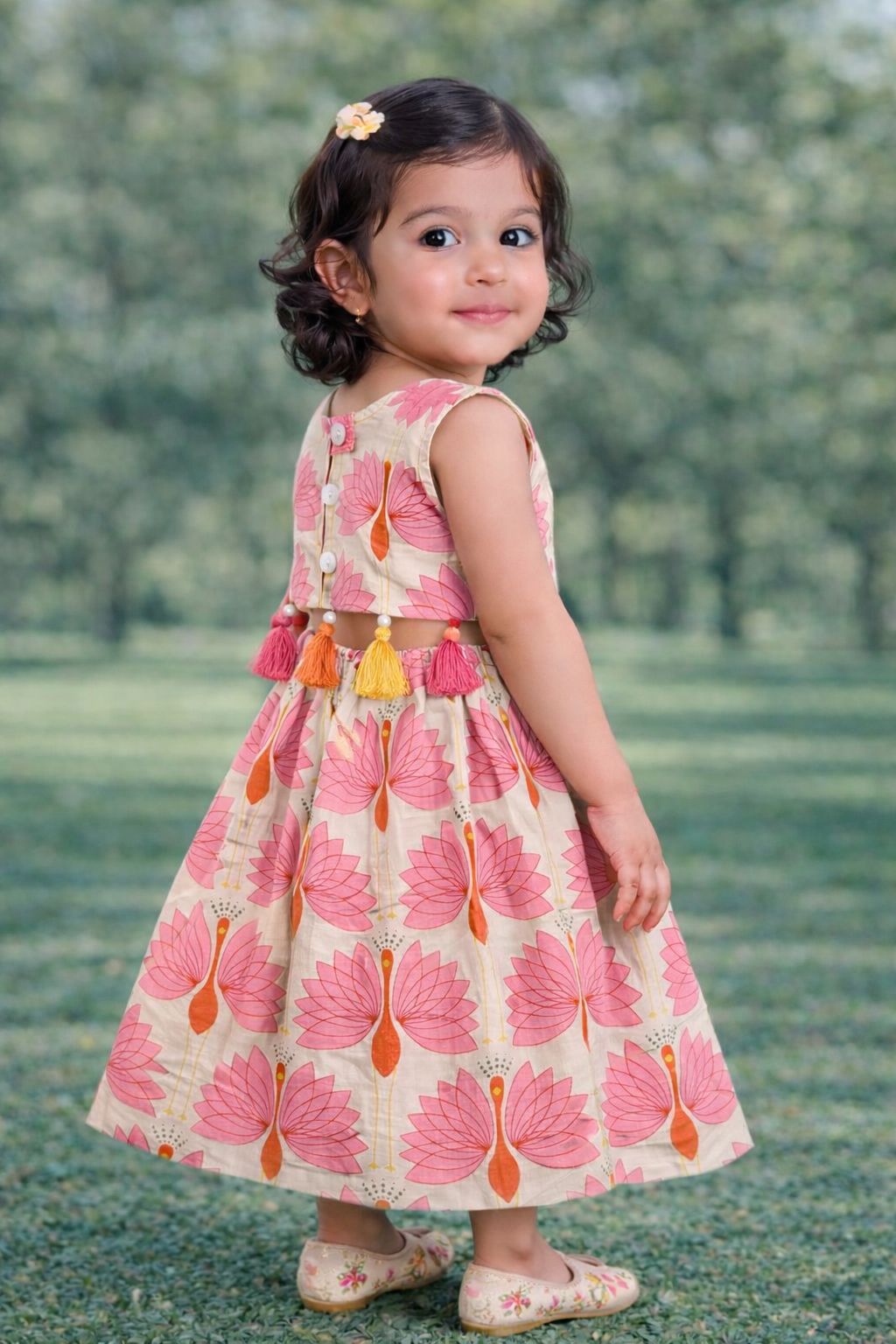 Pspeaches Baby Girls Off-White Ethnic Peacock Print Cotton Circular Lehenga With Choli Set ( Sku-Ing-Lpeacock )
