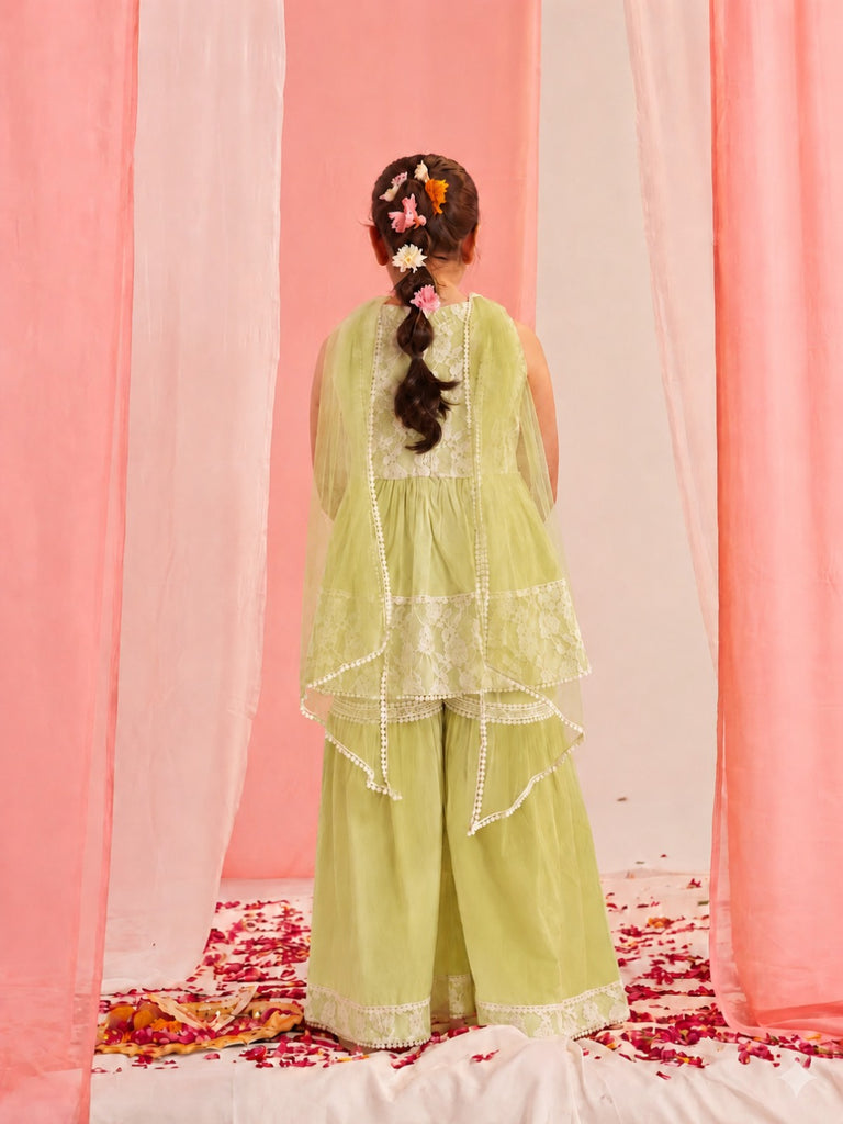 Pspeaches Girls Ethnic Lime Green Floral Printed Cotton A-Line Kurta Sharara Set With Dupatta (Sku-Sha-Limewtnet)