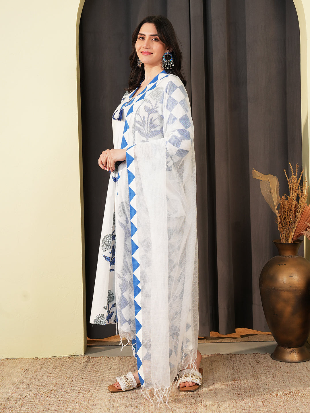 Blue Check Lace Insert Kurta Set with Dupatta