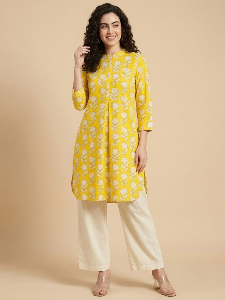 Pspeaches Women Cotton Full Sleeves Mandarin Collar Floral Print Kurta With Pant 2 Piece Set - Yellow & White
