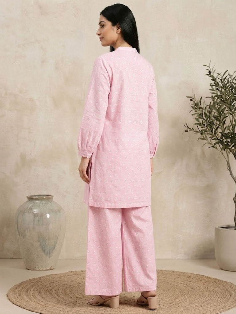 Pspeaches Women Cotton Full Sleeves Mandarin Collar Floral Print Kurta With Pant 2 Piece Set - Pink