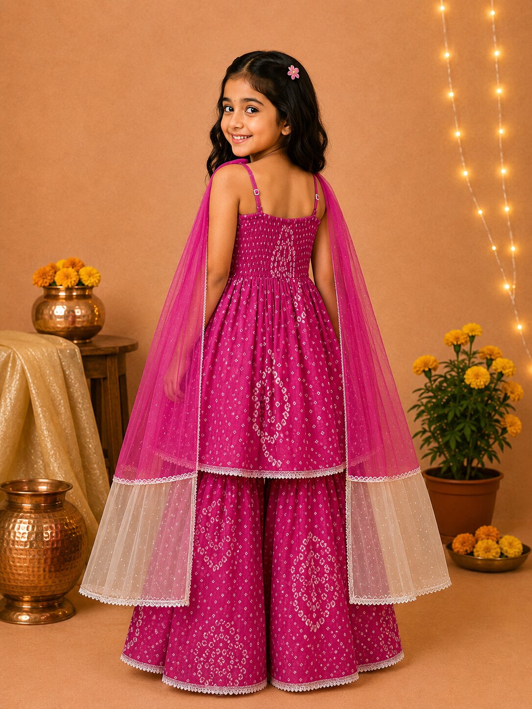 Pspeaches Girls Ethnic Magenta Bandhani Printed Cambric Asymmetric Kurta Sharara Set With Dupatta (Sku-Sha-Magentabandhni)