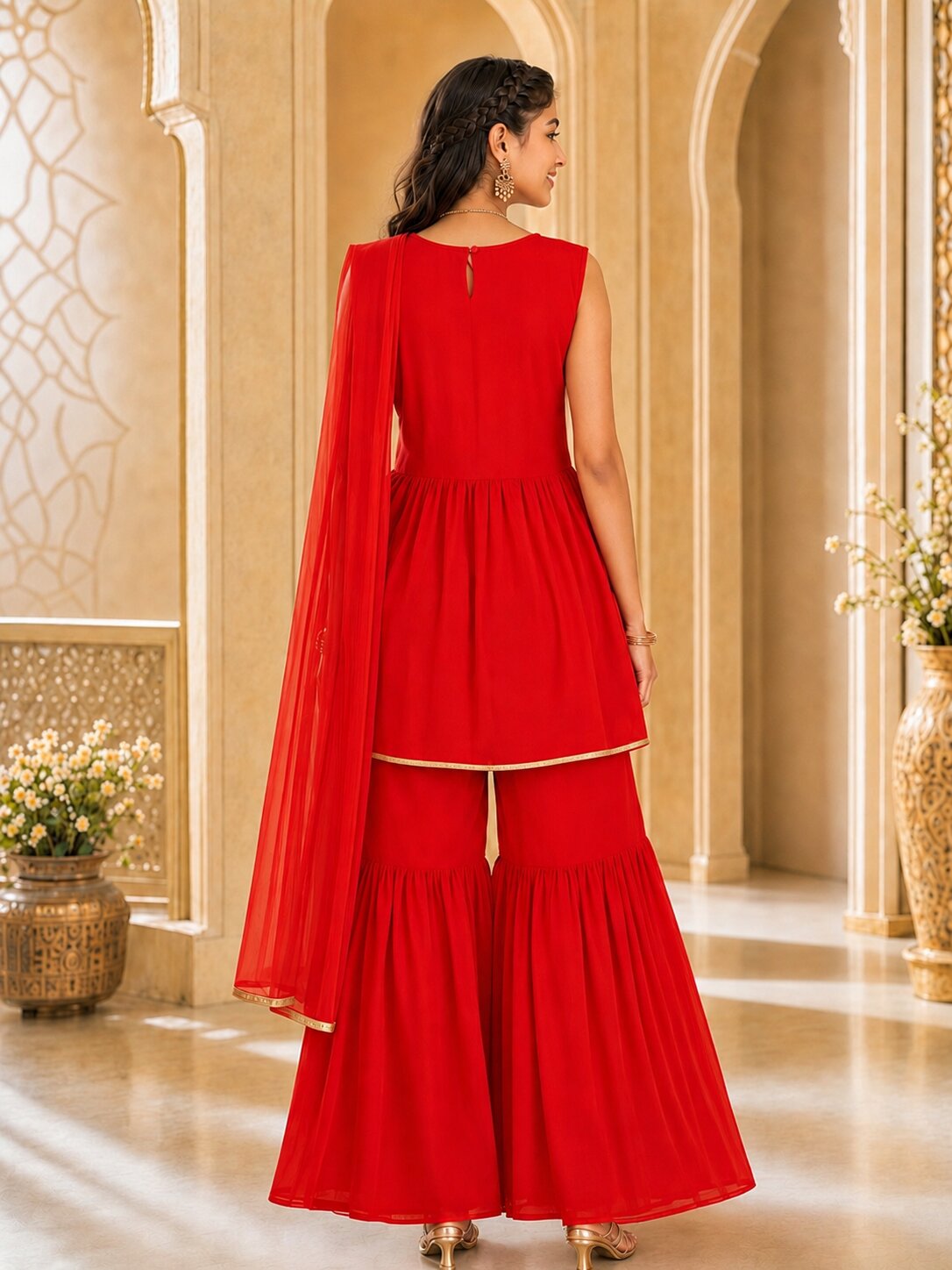 Pspeaches Girls Georgette Sleeveless Round Neck Embroidered Red Kurti & Sharara With Dupatta 3 Piece Set