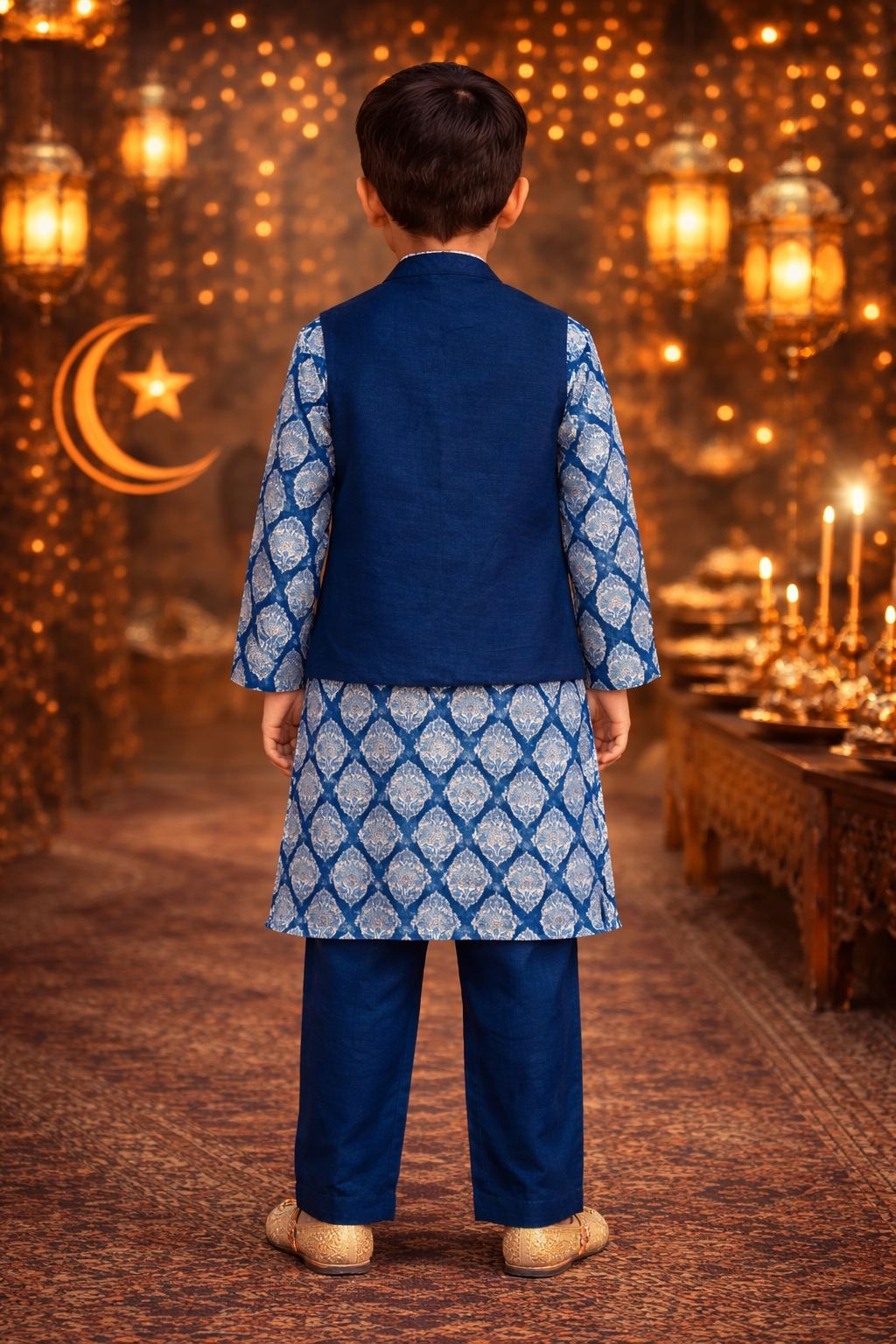 Pspeaches Boys Blue Ethnic Motif Cotton Straight Fit Kurta With Pyjama & Jacket ( Sku-Kp-Bluevich )