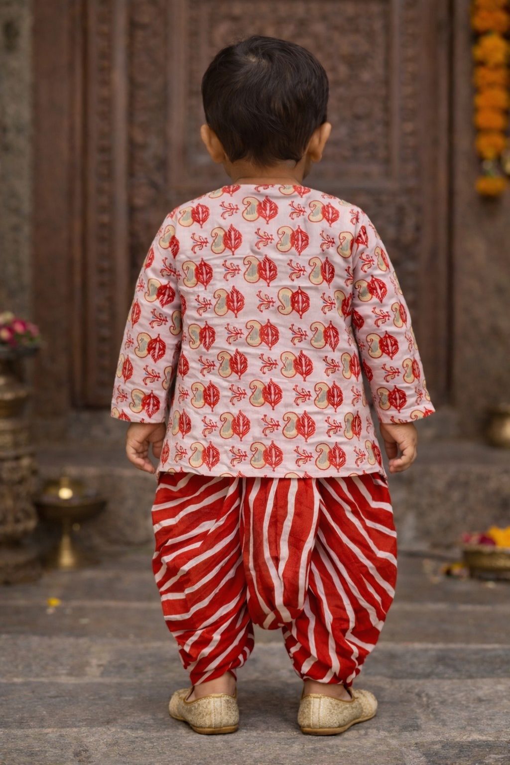 Pspeaches Baby Boys Pink & Orange Booti Print Cotton Straight Fit Kurta With Dhoti Pant ( Sku-Inb-Dhotired )