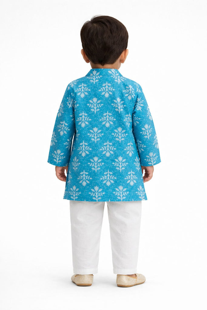 Pspeaches Baby Boys Blue & White Ethnic Booti Print Cotton Straight Fit Kurta With Pyjama Set ( Sku-Inb-Bluebooti )