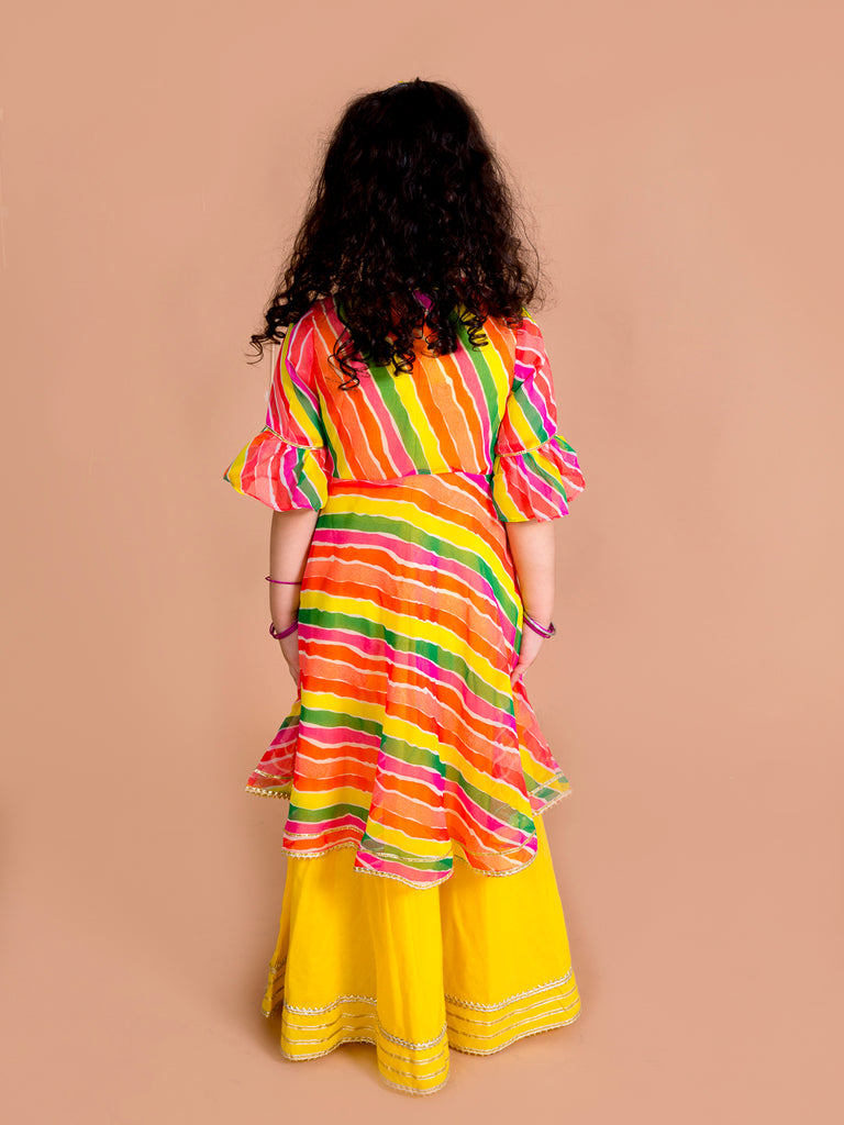 Pspeaches Girls Yellow & Orange Geometric Printed Bell Sleeves Kurta (IW-Leheriyaggt)
