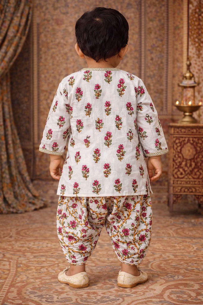 Pspeaches Baby Boys White Booti Print Cotton Angrakha Kurta With Dhoti Pant ( Sku-Inb-Dhotiprint )