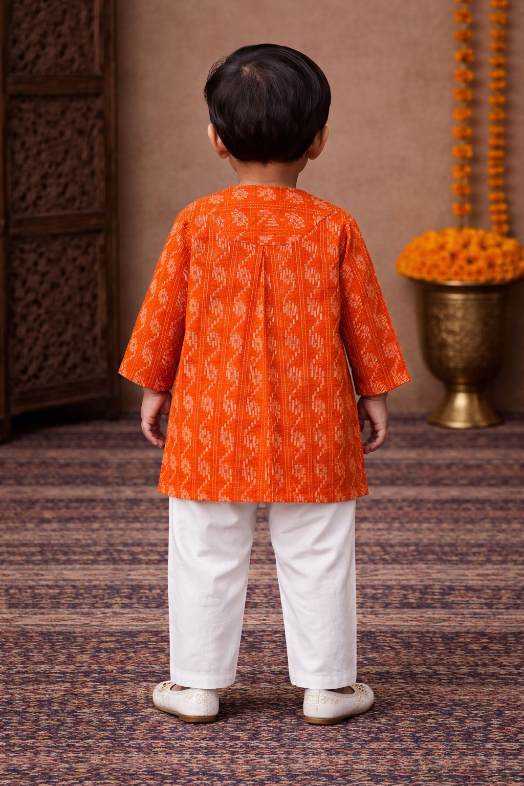 Pspeaches Baby Boys Orange & White Ethnic Dobby Cotton Straight Fit Kurta With Pyjama Set ( Sku-Inb-Orangedobby )