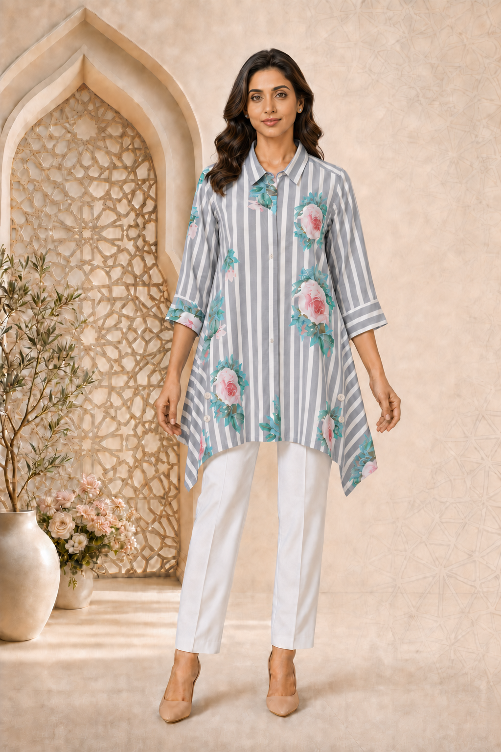Women’s Grey Striped Asymmetrical Muslin Top
