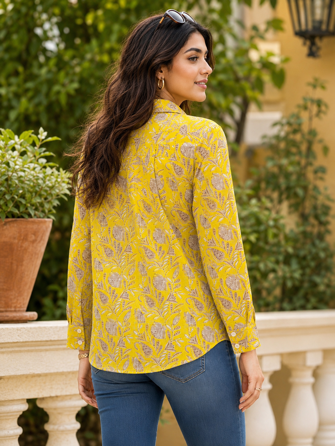 Pspeaches Women Cotton Full Sleeves Collared Neck Floral Print 1 Piece Shirt - Yellow (Neoyon)