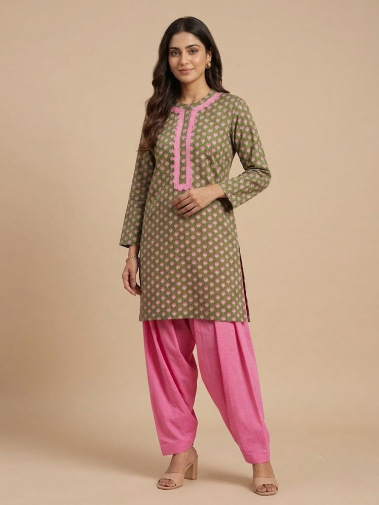 Pspeaches Women Cotton Full Sleeves Round Neck Floral Print Kurta With Pant 2 Piece Set - Green & Pink