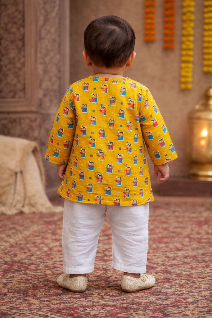 Pspeaches Baby Boys Yellow & White Ethnic Printed Cotton Straight Fit Kurta With Pyjama Set ( Sku-Inb-Yellowmoustache )