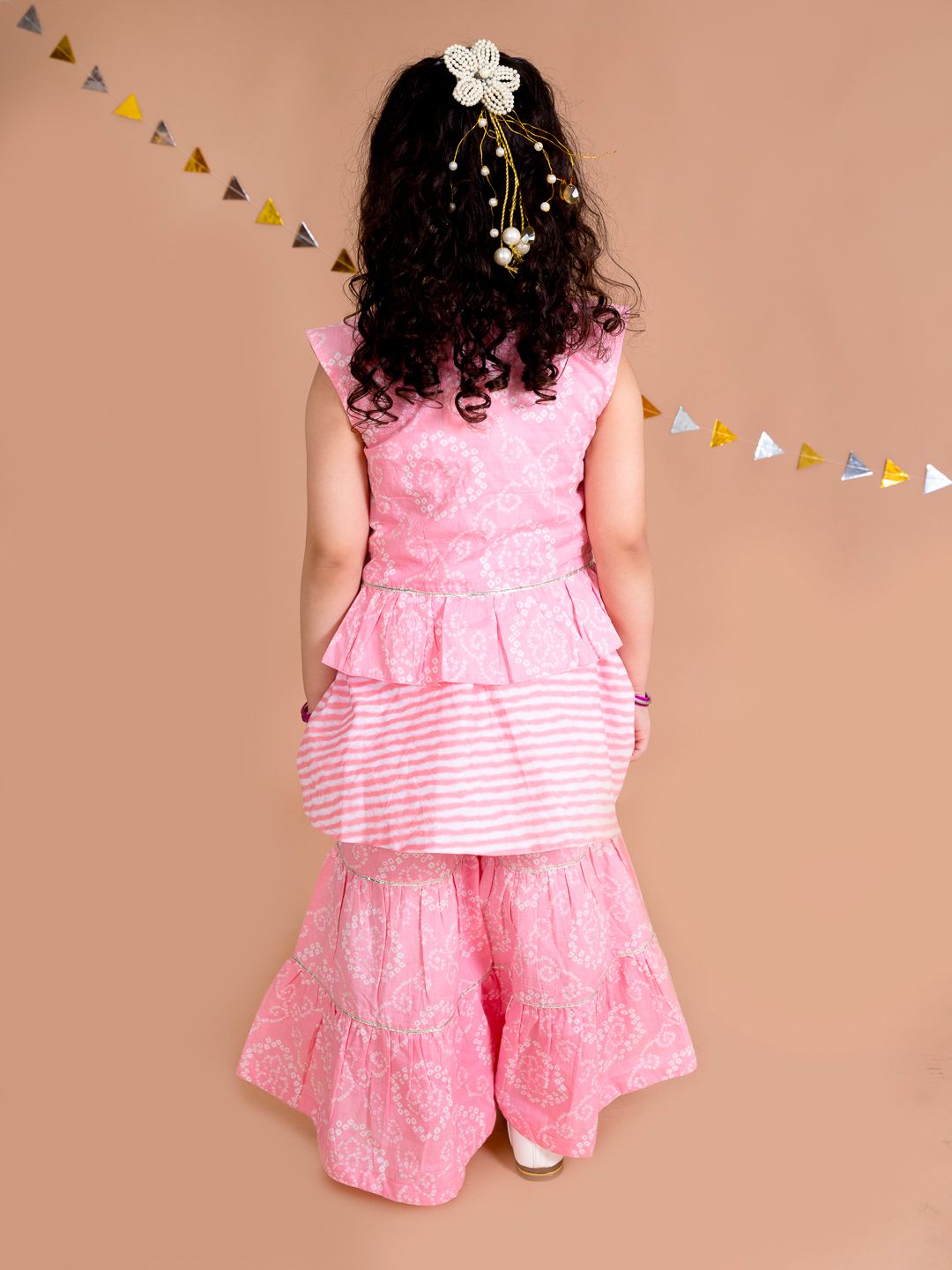 Pspeaches Girls Pink Floral Striped Empire Pure Cotton Kurti With Sharara (SHA-PIN BANDHNI)