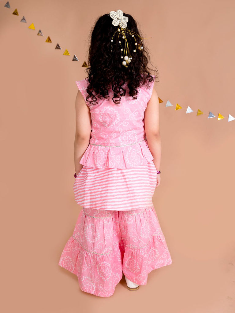Pspeaches Girls Pink Floral Striped Empire Pure Cotton Kurti With Sharara (SHA-PIN BANDHNI)