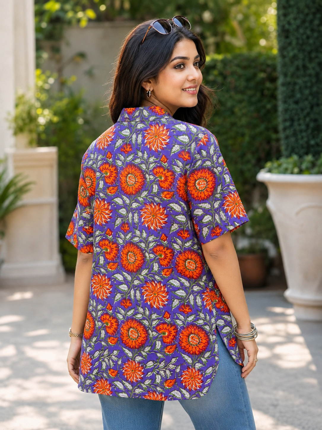 Pspeaches Women Cotton 3/4Th Sleeves Collared Neck Floral Print 1 Piece Shirt - Purple