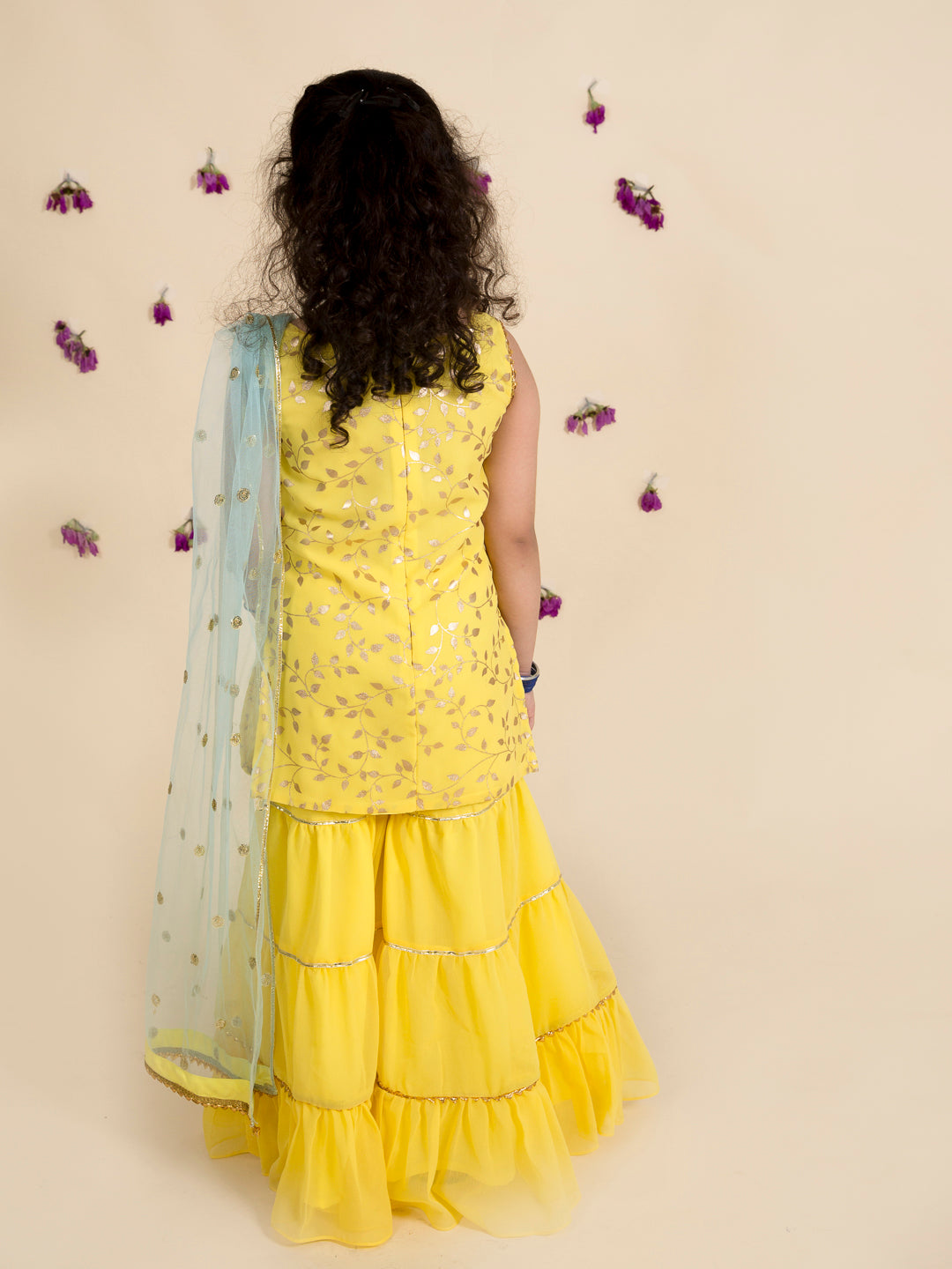 Pspeaches Girls Yellow Embroidered Kurti With Sharara With Dupatta (IW-YELLOW FOIL GGT)