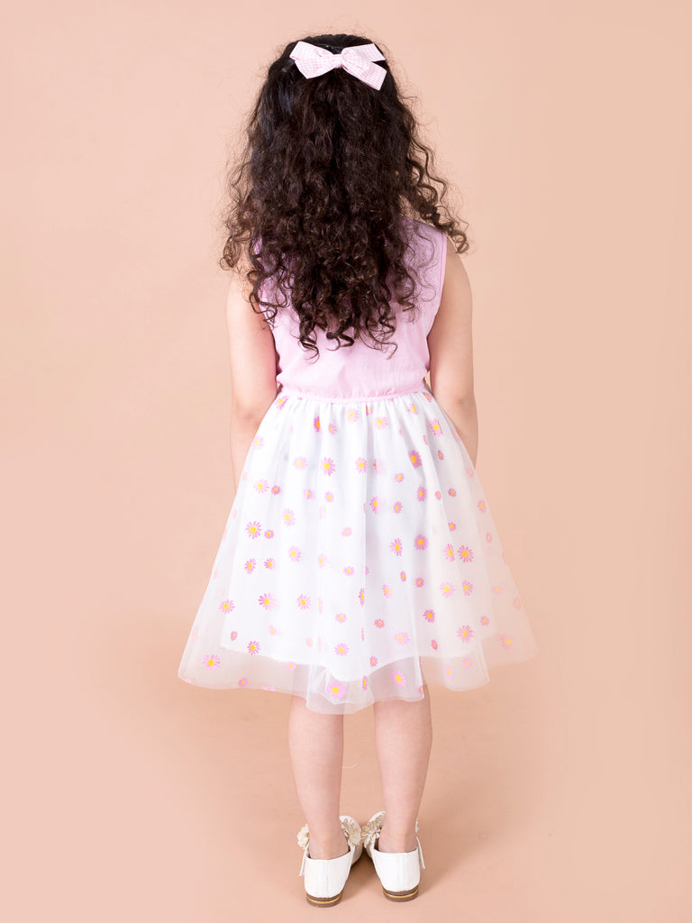 Pspeaches Girls White & Pink Polka Dot Printed Cotton jersey & Net Fit & Flare Dress (SKU-D-Roseuni)