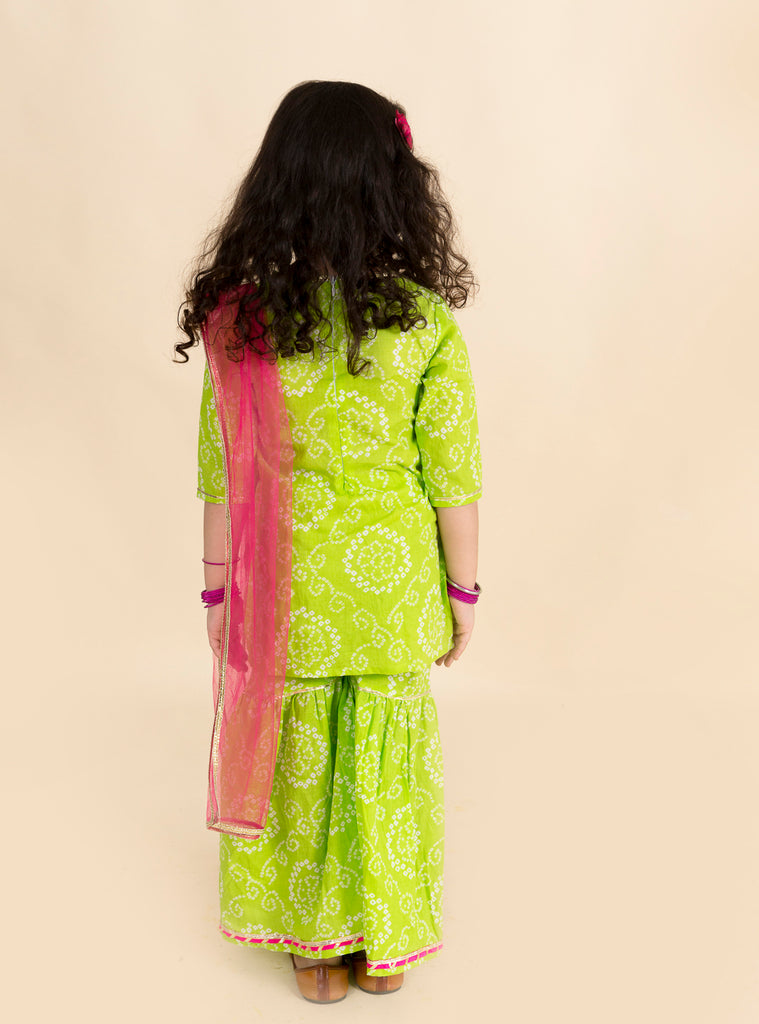 Pspeaches Girls Green Pink Bandhani Embroidered Pure Cotton Kurta With Sharara Dupatta (SHA-GREEN BANDHNI)