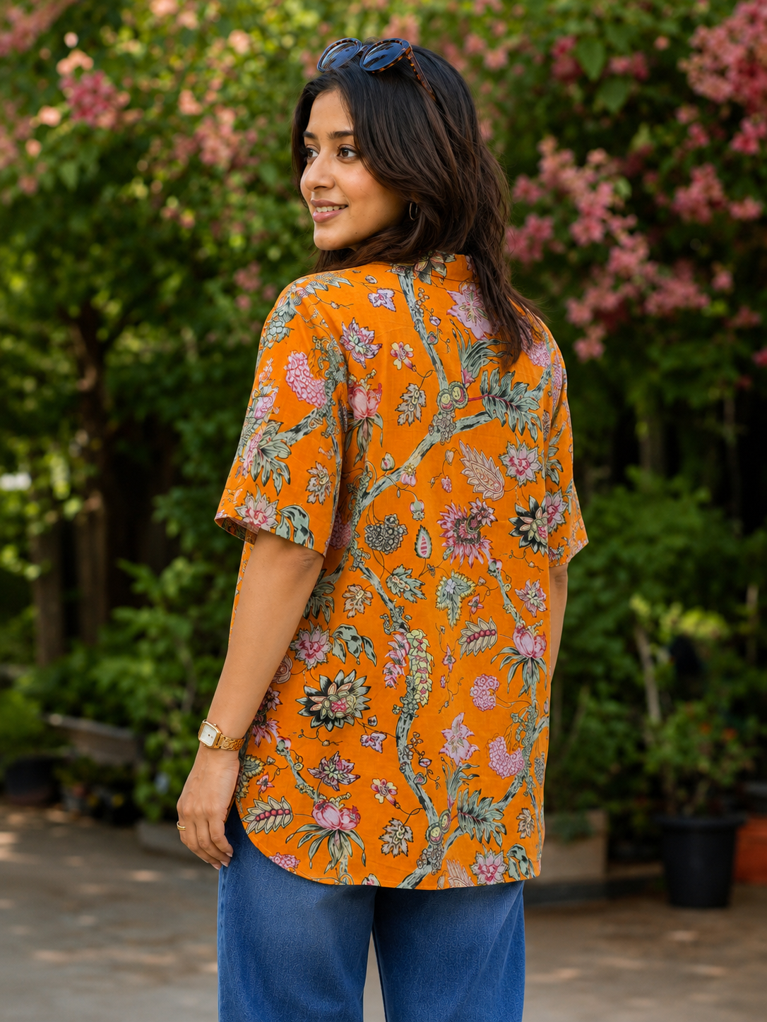 Pspeaches Women Cotton 3/4Th Sleeves Collared Neck Floral Print 1 Piece Shirt - Mustard