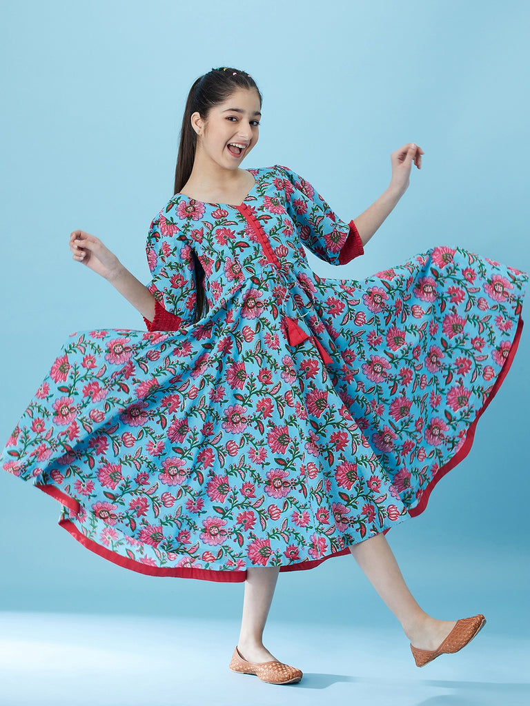 Pspeaches Girls Floral Printed Fit & Flare Cotton Midi Dress (IW-JAALBLUE)